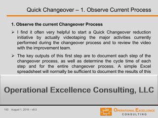 150 August 1, 2016 – v8.0
Quick Changeover – 1. Observe Current Process
1. Observe the current Changeover Process
 I find it often very helpful to start a Quick Changeover reduction
initiative by actually videotaping the major activities currently
performed during the changeover process and to review the video
with the improvement team.
 The key outputs of this first step are to document each step of the
changeover process, as well as determine the cycle time of each
step and for the entire changeover process. A simple Excel
spreadsheet will normally be sufficient to document the results of this
and the following steps.
 