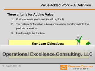 16 August 1, 2016 – v8.0
Value-Added Work – A Definition
Three criteria for Adding Value
1. Customer wants you to do it (or will pay for it)
2. The material / information is being processed or transformed into final
products or services
3. It is done right the first time
Key Lean Objectives:
Reduce Lead Time
→ Eliminate or Reduce Non-Value-Added Activities
 
