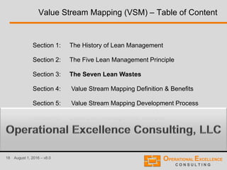 18 August 1, 2016 – v8.0
Value Stream Mapping (VSM) – Table of Content
Section 1: The History of Lean Management
Section 2: The Five Lean Management Principle
Section 3: The Seven Lean Wastes
Section 4: Value Stream Mapping Definition & Benefits
Section 5: Value Stream Mapping Development Process
Section 6: Basic Lean Management Tool Box
 