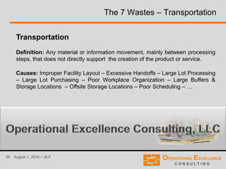 20 August 1, 2016 – v8.0
The 7 Wastes – Transportation
Transportation
Definition: Any material or information movement, mainly between processing
steps, that does not directly support the creation of the product or service.
Causes: Improper Facility Layout – Excessive Handoffs – Large Lot Processing
– Large Lot Purchasing – Poor Workplace Organization – Large Buffers &
Storage Locations – Offsite Storage Locations – Poor Scheduling – …
 