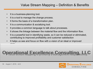 34 August 1, 2016 – v8.0
Value Stream Mapping – Definition & Benefits
• It is a business-planning tool.
• It is a tool to manage the change process.
• It forms the basis of a transformation plan.
• It is a communication & socializing tool.
• It provides a common language to talk about processes.
• It shows the linkage between the material flow and the information flow.
• It is a powerful tool in identifying waste, so it can be reduced or eliminated,
contributing to improved profitability and customer satisfaction
• It helps us see and focus on flow with a vision of an ideal or improved
state.
• Enabling broad participation in shaping the future state.
“Value Stream Mapping is primarily a Management Responsibility.”
 