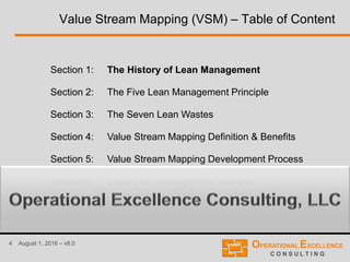 4 August 1, 2016 – v8.0
Value Stream Mapping (VSM) – Table of Content
Section 1: The History of Lean Management
Section 2: The Five Lean Management Principle
Section 3: The Seven Lean Wastes
Section 4: Value Stream Mapping Definition & Benefits
Section 5: Value Stream Mapping Development Process
Section 6: Basic Lean Management Tool Box
 
