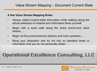 47 August 1, 2016 – v8.0
Value Stream Mapping – Document Current State
A few Value Stream Mapping Rules:
• Always collect current-state information while walking along the
actual pathways of material and information flows yourself.
• Begin with a quick walk along the entire end-to-end value
stream, ...
• Begin wit the product/service delivery and work upstream, ...
• Bring your stopwatch and do not rely on standard times or
information that you do not personally obtain. ...
• Map the whole value stream yourself, ...
• Always draw by hand in pencil, ...
 