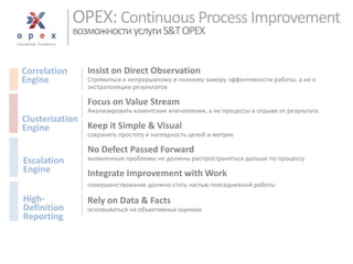 OPEX:Continuous Process Improvementвозможности услуги S&T OPEX 
Insist on Direct Observation 
Стремиться к непрерывному и полному замеру эффективности работы, а не к экстраполяции результатов 
Focus on Value Stream 
Анализировать клиентские впечатления, а не процессы в отрыве от результата 
Keep it Simple & Visual 
сохранять простоту и наглядность целей и метрик 
No Defect Passed Forward 
выявленные проблемы не должны распространяться дальше по процессу 
Integrate Improvement with Work 
совершенствование должно стать частью повседневной работы 
Rely on Data & Facts 
основываться на объективных оценках 
Correlation 
Engine 
Clusterization 
Engine 
Escalation 
Engine 
High- 
Definition 
Reporting  