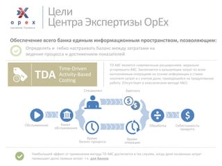 TDA 
Time-Driven 
Activity-Based 
Costing 
Обслуживание 
Канал 
обслуживания 
Специалист 
Зарплата 
Время 
бизнес-процесса 
Время 
операции 
Обработка 
Себестоимость 
продукта 
TD ABC является современным расширением морально устаревшего ABC. Заключается в калькуляции затрат по всем выполняемым операциям на основе информации о ставке носителя затрат и с учетом доли, приходящейся на продуктивную работу. (Отсутствует в классическом методе ABC). 
Наибольший эффект от применения метода TD ABC достигается в тех случаях, когда доля косвенных затрат превышает долю прямых затрат т.е. для банков 
Определять и гибко настраивать баланс между затратами на ведение процесса и достижением показателей 
Обеспечение всего банка единым информационным пространством, позволяющим: 
Цели 
Центра Экспертизы OpEx  