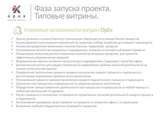 Фаза запуска проекта. 
Типовые витрины. 
Ключевые возможностивитрин OpEx 
Анализ долевого и количественного соотношения подпроцессов в рамках бизнес-процессов 
Анализ долевого соотношения показателей по широкому набору атрибутов для каждого подпроцесса 
Анализ распределения временных и количественных трудозатрат ресурсов 
Отслеживание количества процессов и подпроцессов, активное на конкретный момент времени 
Оперативное выявление резкого изменения количества активных процессов для принятия эффективных управленческих решений 
Формирование картины активных процессов для подразделения / дирекции / всего бэк-офиса 
Динамический расчет для каждого подпроцесса нормативных целевых значений длительности на основе статистических данных 
Определение соотношения среднего времени выполнения каждого процесса и подпроцесса с рассчитанным нормативом времени на его выполнение 
Отслеживание среднего времени выполнения каждого подключенного процесса и подпроцесса 
Сравнение всех процессов и подпроцессов по среднему времени выполнения 
Определение тренда изменения длительности всех процессов и подпроцессов за любой период и с любой дискретизацией по времени 
Расчет суммарного отклонения по времени от нормативных значений длительности каждого процесса и подпроцесса 
Отслеживание суммарных затрат времени на процессы по всему бэк-офису / по дирекциям 
Выявление наиболее трудозатратных операций и процессов  