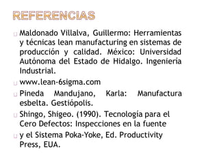 Maldonado Villalva, Guillermo: Herramientas
y técnicas lean manufacturing en sistemas de
producción y calidad. México: Universidad
Autónoma del Estado de Hidalgo. Ingeniería
Industrial.
www.lean-6sigma.com
Pineda Mandujano, Karla: Manufactura
esbelta. Gestiópolis.
Shingo, Shigeo. (1990). Tecnología para el
Cero Defectos: Inspecciones en la fuente
y el Sistema Poka-Yoke, Ed. Productivity
Press, EUA.
 