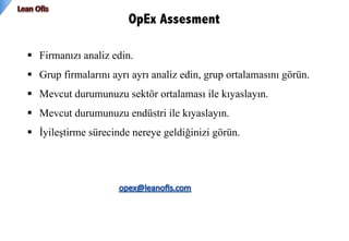 OpEx Assesment
§  Firmanızı analiz edin.
§  Grup firmalarını ayrı ayrı analiz edin, grup ortalamasını görün.
§  Mevcut durumunuzu sektör ortalaması ile kıyaslayın.
§  Mevcut durumunuzu endüstri ile kıyaslayın.
§  İyileştirme sürecinde nereye geldiğinizi görün.
 