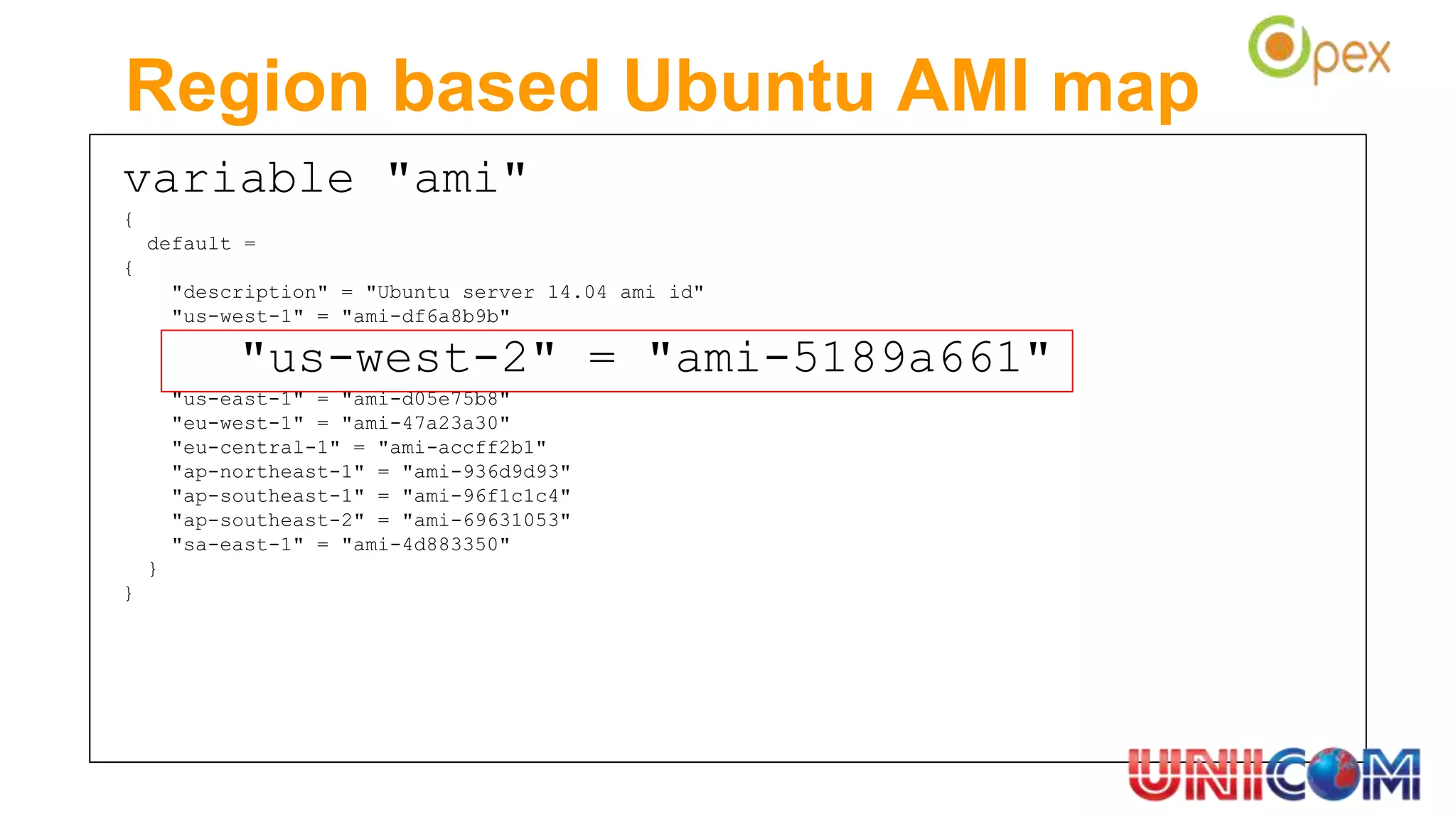 variable "ami"
{
default =
{
"description" = "Ubuntu server 14.04 ami id"
"us-west-1" = "ami-df6a8b9b"
"us-west-2" = "ami-5189a661"
"us-east-1" = "ami-d05e75b8"
"eu-west-1" = "ami-47a23a30"
"eu-central-1" = "ami-accff2b1"
"ap-northeast-1" = "ami-936d9d93"
"ap-southeast-1" = "ami-96f1c1c4"
"ap-southeast-2" = "ami-69631053"
"sa-east-1" = "ami-4d883350"
}
}
Region based Ubuntu AMI map
 