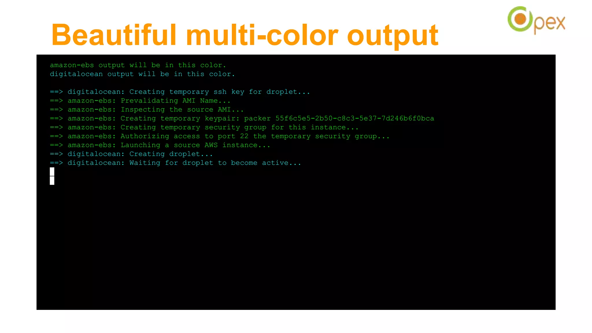 Beautiful multi-color output
amazon-ebs output will be in this color.
digitalocean output will be in this color.
==> digitalocean: Creating temporary ssh key for droplet...
==> amazon-ebs: Prevalidating AMI Name...
==> amazon-ebs: Inspecting the source AMI...
==> amazon-ebs: Creating temporary keypair: packer 55f6c5e5-2b50-c8c3-5e37-7d246b6f0bca
==> amazon-ebs: Creating temporary security group for this instance...
==> amazon-ebs: Authorizing access to port 22 the temporary security group...
==> amazon-ebs: Launching a source AWS instance...
==> digitalocean: Creating droplet...
==> digitalocean: Waiting for droplet to become active...
 