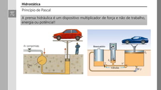 Princípio de Pascal
A prensa hidráulica é um dispositivo multiplicador de força e não de trabalho,
energia ou potência!!
Hidrostática
 