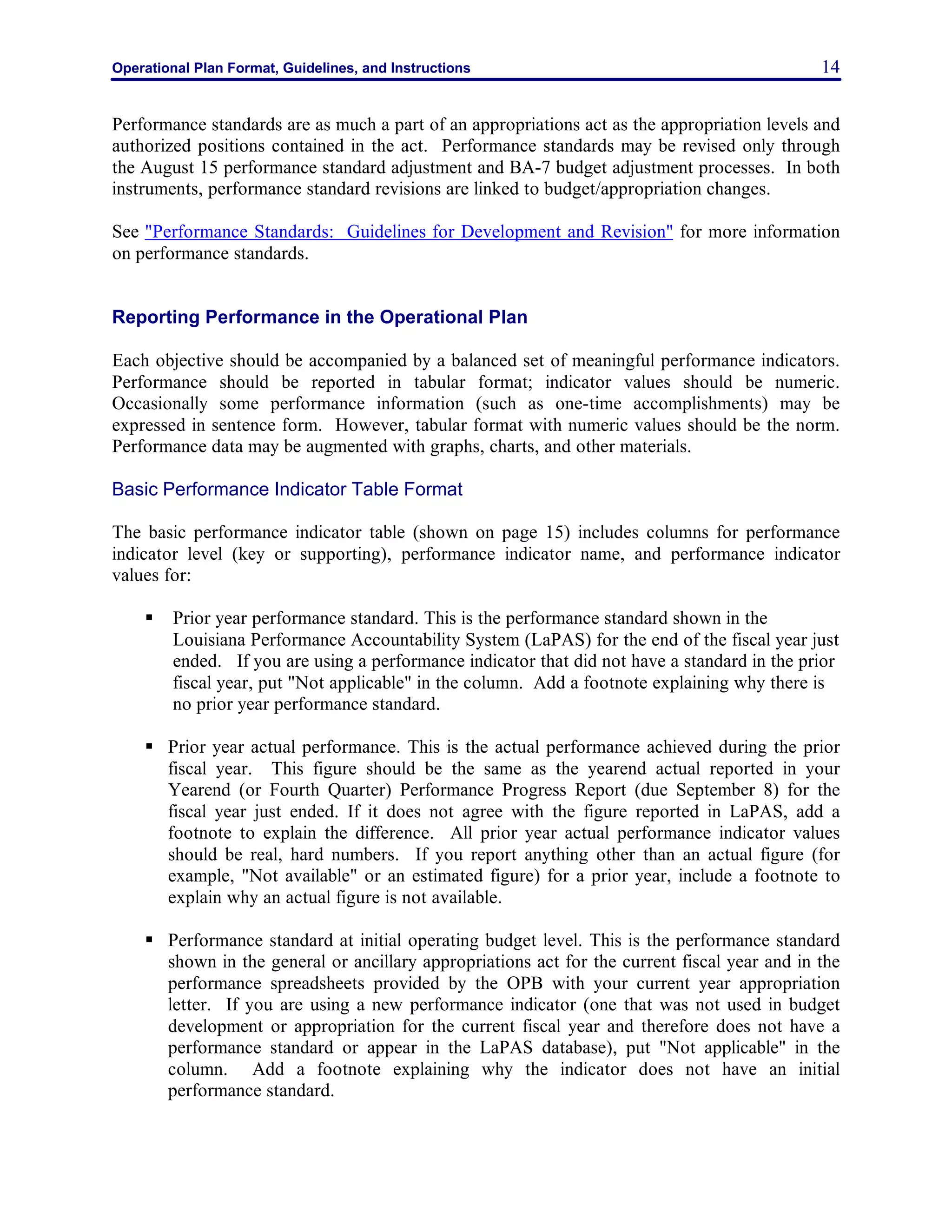Operational Plan Format, Guidelines, and Instructions 14
Performance standards are as much a part of an appropriations act as the appropriation levels and
authorized positions contained in the act. Performance standards may be revised only through
the August 15 performance standard adjustment and BA-7 budget adjustment processes. In both
instruments, performance standard revisions are linked to budget/appropriation changes.
See "Performance Standards: Guidelines for Development and Revision" for more information
on performance standards.
Reporting Performance in the Operational Plan
Each objective should be accompanied by a balanced set of meaningful performance indicators.
Performance should be reported in tabular format; indicator values should be numeric.
Occasionally some performance information (such as one-time accomplishments) may be
expressed in sentence form. However, tabular format with numeric values should be the norm.
Performance data may be augmented with graphs, charts, and other materials.
Basic Performance Indicator Table Format
The basic performance indicator table (shown on page 15) includes columns for performance
indicator level (key or supporting), performance indicator name, and performance indicator
values for:
§ Prior year performance standard. This is the performance standard shown in the
Louisiana Performance Accountability System (LaPAS) for the end of the fiscal year just
ended. If you are using a performance indicator that did not have a standard in the prior
fiscal year, put "Not applicable" in the column. Add a footnote explaining why there is
no prior year performance standard.
§ Prior year actual performance. This is the actual performance achieved during the prior
fiscal year. This figure should be the same as the yearend actual reported in your
Yearend (or Fourth Quarter) Performance Progress Report (due September 8) for the
fiscal year just ended. If it does not agree with the figure reported in LaPAS, add a
footnote to explain the difference. All prior year actual performance indicator values
should be real, hard numbers. If you report anything other than an actual figure (for
example, "Not available" or an estimated figure) for a prior year, include a footnote to
explain why an actual figure is not available.
§ Performance standard at initial operating budget level. This is the performance standard
shown in the general or ancillary appropriations act for the current fiscal year and in the
performance spreadsheets provided by the OPB with your current year appropriation
letter. If you are using a new performance indicator (one that was not used in budget
development or appropriation for the current fiscal year and therefore does not have a
performance standard or appear in the LaPAS database), put "Not applicable" in the
column. Add a footnote explaining why the indicator does not have an initial
performance standard.
 
