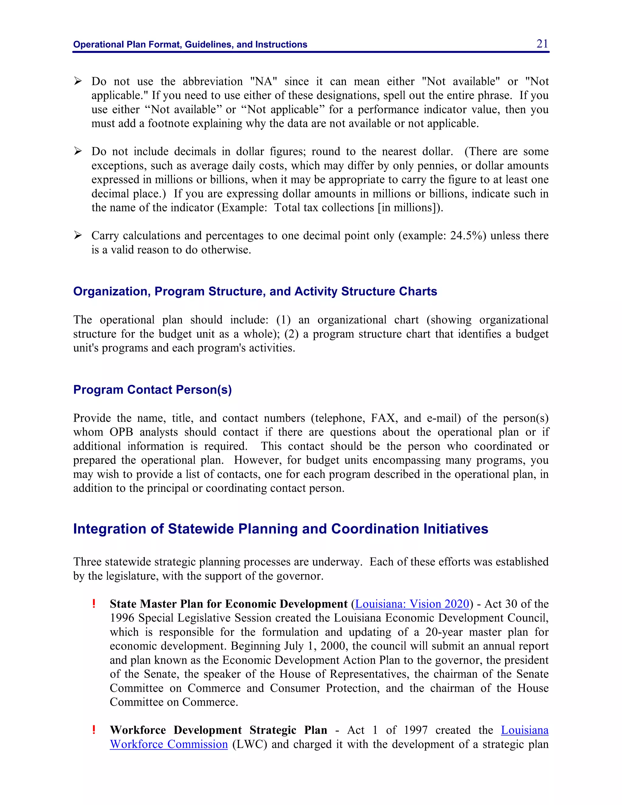 Operational Plan Format, Guidelines, and Instructions 21
Ø Do not use the abbreviation "NA" since it can mean either "Not available" or "Not
applicable." If you need to use either of these designations, spell out the entire phrase. If you
use either “Not available” or “Not applicable” for a performance indicator value, then you
must add a footnote explaining why the data are not available or not applicable.
Ø Do not include decimals in dollar figures; round to the nearest dollar. (There are some
exceptions, such as average daily costs, which may differ by only pennies, or dollar amounts
expressed in millions or billions, when it may be appropriate to carry the figure to at least one
decimal place.) If you are expressing dollar amounts in millions or billions, indicate such in
the name of the indicator (Example: Total tax collections [in millions]).
Ø Carry calculations and percentages to one decimal point only (example: 24.5%) unless there
is a valid reason to do otherwise.
Organization, Program Structure, and Activity Structure Charts
The operational plan should include: (1) an organizational chart (showing organizational
structure for the budget unit as a whole); (2) a program structure chart that identifies a budget
unit's programs and each program's activities.
Program Contact Person(s)
Provide the name, title, and contact numbers (telephone, FAX, and e-mail) of the person(s)
whom OPB analysts should contact if there are questions about the operational plan or if
additional information is required. This contact should be the person who coordinated or
prepared the operational plan. However, for budget units encompassing many programs, you
may wish to provide a list of contacts, one for each program described in the operational plan, in
addition to the principal or coordinating contact person.
Integration of Statewide Planning and Coordination Initiatives
Three statewide strategic planning processes are underway. Each of these efforts was established
by the legislature, with the support of the governor.
! State Master Plan for Economic Development (Louisiana: Vision 2020) - Act 30 of the
1996 Special Legislative Session created the Louisiana Economic Development Council,
which is responsible for the formulation and updating of a 20-year master plan for
economic development. Beginning July 1, 2000, the council will submit an annual report
and plan known as the Economic Development Action Plan to the governor, the president
of the Senate, the speaker of the House of Representatives, the chairman of the Senate
Committee on Commerce and Consumer Protection, and the chairman of the House
Committee on Commerce.
! Workforce Development Strategic Plan - Act 1 of 1997 created the Louisiana
Workforce Commission (LWC) and charged it with the development of a strategic plan
 