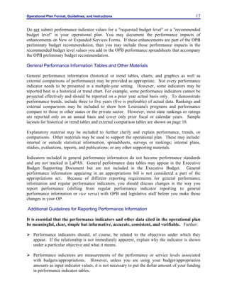 Operational Plan Format, Guidelines, and Instructions 17
Do not submit performance indicator values for a "requested budget level" or a "recommended
budget level" in your operational plan. You may document the performance impacts of
enhancements on New or Expanded Services Forms. If these enhancements are part of the OPB
preliminary budget recommendation, then you may include those performance impacts in the
recommended budget level values you add to the OPB performance spreadsheets that accompany
the OPB preliminary budget recommendation.
General Performance Information Tables and Other Materials
General performance information (historical or trend tables, charts, and graphics as well as
external comparisons of performance) may be provided as appropriate. Not every performance
indicator needs to be presented in a multiple-year setting. However, some indicators may be
reported best in a historical or trend chart. For example, some performance indicators cannot be
projected effectively and should be reported on a prior year actual basis only. To demonstrate
performance trends, include three to five years (five is preferable) of actual data. Rankings and
external comparisons may be included to show how Louisiana's programs and performance
compare to those in other states or the private sector. However, most state rankings or ratings
are reported only on an annual basis and cover only prior fiscal or calendar years. Sample
layouts for historical or trend tables and external comparison tables are shown on page 18.
Explanatory material may be included to further clarify and explain performance, trends, or
comparisons. Other materials may be used to support the operational plan. These may include:
internal or outside statistical information, spreadsheets, surveys or rankings; internal plans,
studies, evaluations, reports, and publications; or any other supporting materials.
Indicators included in general performance information do not become performance standards
and are not tracked in LaPAS. General performance data tables may appear in the Executive
Budget Supporting Document but are not included in the Executive Budget. General
performance information appearing in an appropriations bill is not considered a part of the
appropriations act. Because of different reporting requirements for general performance
information and regular performance indicators, you should discuss changes in the way you
report performance (shifting from regular performance indicator reporting to general
performance information or vice versa) with OPB and legislative staff before you make those
changes in your OP.
Additional Guidelines for Reporting Performance Information
It is essential that the performance indicators and other data cited in the operational plan
be meaningful, clear, simple but informative, accurate, consistent, and verifiable. Further:
Ø Performance indicators should, of course, be related to the objectives under which they
appear. If the relationship is not immediately apparent, explain why the indicator is shown
under a particular objective and what it means.
Ø Performance indicators are measurements of the performance or service levels associated
with budgets/appropriations. However, unless you are using your budget/appropriation
amounts as input indicator values, it is not necessary to put the dollar amount of your funding
in performance indicator tables.
 