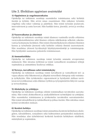 Liite 3. Elinikäisen oppimisen avaintaidot
1) Oppiminen ja ongelmanratkaisu
Opiskelija tai tutkinnon suorittaja suunnittelee toimintaansa sekä kehittää
itseään ja työtään. Hän arvioi omaa osaamistaan. Hän ratkaisee työssään
ongelmia sekä tekee valintoja ja päätöksiä. Hän toimii työssään joustavasti,
innovatiivisesti ja uutta luovasti. Hän hankkii tietoa, jäsentää, arvioi ja soveltaa
sitä.
2) Vuorovaikutus ja yhteistyö
Opiskelija tai tutkinnon suorittaja toimii tilanteen vaatimalla tavalla erilaisissa
vuorovaikutustilanteissa sekä ilmaisee erilaisia näkökantoja selkeästi, rakentavasti ja luottamusta herättäen. Hän toimii yhteistyökykyisesti erilaisten ihmisten
kanssa ja työryhmän jäsenenä sekä kohtelee erilaisia ihmisiä tasavertaisesti.
Hän noudattaa yleisesti hyväksyttyjä käyttäytymissääntöjä ja toimintatapoja.
Hän hyödyntää saamaansa palautetta toiminnassaan.
3) Ammattietiikka
Opiskelija tai tutkinnon suorittaja toimii työssään ammatin arvoperustan
mukaisesti. Hän sitoutuu työhönsä ja toimii vastuullisesti noudattaen tehtyjä
sopimuksia ja ammattiinsa kuuluvaa etiikkaa.
4) Terveys, turvallisuus sekä toimintakyky
Opiskelija tai tutkinnon suorittaja toimii turvallisesti ja vastuullisesti työ- ja
vapaa-aikana sekä liikenteessä ja ylläpitää terveellisiä elintapoja sekä toimintaja työkykyään. Hän työskentelee ergonomisesti ja hyödyntää alallaan tarvittavan terveysliikunnan sekä ehkäisee työhön ja työympäristöön liittyviä vaaroja
ja terveyshaittoja.
5) Aloitekyky ja yrittäjyys
Opiskelija tai tutkinnon suorittaja edistää toiminnallaan tavoitteiden saavuttamista. Hän toimii aloitteellisesti ja asiakaslähtöisesti työntekijänä tai yrittäjänä.
Hän suunnittelee toimintaansa ja työskentelee tavoitteiden saavuttamiseksi.
Hän toimii taloudellisesti ja tuloksellisesti ja johtaa itseään. Hän mitoittaa oman
työnsä tavoitteiden mukaan.
6) Kestävä kehitys
Opiskelija tai tutkinnon suorittaja toimii ammattinsa kestävän kehityksen ekologisten, taloudellisten, sosiaalisten sekä kulttuuristen periaatteiden mukaisesti.
Hän noudattaa alan työtehtävissä keskeisiä kestävän kehityksen säädöksiä,
määräyksiä ja sopimuksia.

130

 