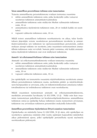 Toisen ammatillisen perustutkinnon tutkinnon osien tunnustaminen
Toisesta ammatillisesta perustutkinnosta voidaan tunnustaa osaamista
 niihin ammatillisiin tutkinnon osiin, jotka keskeisiltä osilta vastaavat
suoritetun tutkinnon ammattitaitovaatimuksia
 ammatillisiin tutkinnon osiin sisältyviin Muihin valinnaisiin tutkinnon
osiin, 10 ov
 ammattitaitoa täydentäviin tutkinnon osiin, 20 ov (mikäli kaikki on suoritettu)
 vapaasti valittaviin tutkinnon osiin, 10 ov.
Mikäli toisen ammatillisen tutkinnon suorittamisesta on aikaa, tulee koulutuksen järjestäjän verrata suoritettavan perustutkinnon tavoitteita ja ammattitaitovaatimuksia sen tutkinnon tai opetussuunnitelman perusteisiin, joiden
mukaan aiempi tutkinto on suoritettu, jotta osaamisen tunnustaminen ammatillisiin tutkinnon osiin voi tehdä. Samoin pitää varmistaa, että kaikki ammattitaitoa täydentävät tutkinnon osat ovat sisältyneet tutkintoon.
Ammatti- tai erikoisammattitutkinnon tutkinnon osien tunnustaminen
Ammatti- tai erikoisammattitutkinnosta voidaan tunnustaa osaamista
 niihin ammatillisiin tutkinnon osiin, jotka keskeisiltä osilta vastaavat
suoritetun tutkinnon ammattitaitovaatimuksia
 ammatillisiin tutkinnon osiin sisältyviin Muihin valinnaisiin tutkinnon
osiin, 10 ov
 vapaasti valittaviin tutkinnon osiin, 10 ov.
Jos opiskelijalle on tunnustettu osaamista näyttötutkintona suoritetusta ammatillisen perustutkinnon tutkinnon osasta, merkitään päättö- ja näyttötodistukseen kumpaankin se arvosana, joka on tutkintotoimikunnan antamassa tutkintotodistuksessa tai todistuksessa tutkinnon osan suorituksesta.
Mikäli osaaminen tunnustetaan ammatti- tai erikoisammattitutkinnosta,
merkitään arvosanaksi hyväksytty (A 811/1998, 13 §). Niiltä osin kun osaamista tunnustetaan pakollisissa tai koulutusohjelmakohtaisissa ammatillisissa
tutkinnon osissa ja opiskelija haluaa tutkinnon osasta numeerisen arvosanan,
tutkinnon osa arvioidaan tutkinnon perusteiden mukaisilla kriteereillä.
Ammatillisen perustutkinnon täydentämiseen liittyvä osaamisen tunnustaminen
Opiskeluaika on määritelty laissa (L 630/1998, 31 §) siten, että opiskelijan on
suoritettava opintonsa enintään yhtä vuotta opintojen laajuudeksi määriteltyä
aikaa pidemmässä ajassa, jollei opiskelijalle perustellusta syystä myönnetä
suoritusaikaan pidennystä.

22

 