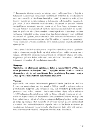 1) Tunnustatte tämän aiemmin suoritetun toisen tutkinnon 20 ov:n laajuisen
tutkinnon osan suoraan vastaamaan suoritettavan tutkinnon 10 ov:n tutkinnon
osaa merkitsemällä todistukseen laajuuden (10 ov) ja arvosanan sekä alaviitteeseen maininnan suorituspaikasta ja tutkinnosta todistusmallien mukaisesti.
Jos tämän 20 ov:n tutkinnon osan sisältämää osaamista on jossakin toisessa
ammatillisessa tutkinnon osassa, mutta se ei kata koko tutkinnon osaa,
voidaan tällaiset osasuoritukset merkitä opistosuoritusrekisteriin tai opintokorttiin, jossa voi olla alaviitemerkintä suorituspaikasta. Arvosanoja ei tässä
vaiheessa välttämättä tarvita, koska sitten kun koko tutkinnon osan sisältämä
osaaminen on opeteltu, koko tutkinnon osan ammattitaitovaatimukset arvioidaan pääasiassa ammattiosaamisen näytöllä tutkinnon perusteiden mukaisesti.
Tämä osaamisen arviointi sisältää siis myös nämä aiemmin opetellut yksittäiset
opintojaksot.
Tuossa maatalousalan esimerkissä ei ole järkevää kerätä yksittäisiä opintojaksoja ja niiden arvosanoja, koska ne eivät vaikuta koko tutkinnon osan arvosanaan. Yksittäisten opintojaksojen arviointi on oppimisen aikaista arviointia.
Oppimisen jälkeen koko tutkinnon osan sisältämä osaaminen arvioidaan
tutkinnon perusteissa olevien kriteerien pohjalta.
Kysymys:
Opiskelija on aloittanut opintonsa 2002 ja keskeyttänyt 2004. Hän
tulee jatkamaan opintojaan 2010. Täytyykö hänen suorittaa ammattiosaamisen näytöt vai suorittaako hän tutkintonsa loppuun vuoden
2000 opetussuunnitelman perusteiden mukaan?
Vastaus:
Opiskelijalla on uusien ammatillisten perustutkinnon perusteiden mukaan
kymmenen vuotta aikaa suorittaa vuoden 2000 perusteiden mukaan aloitettu
perustutkinto loppuun. Aika lasketaan siitä, kun uudistetut perustutkinnon
perusteet ovat tulleet voimaan. Ammattiosaamisen näytöt tulivat voimaan
1.8.2006 alkavassa koulutuksessa, mikä merkitsee sitä, että osaamisen arvioinnissa voi käyttää muitakin menetelmiä kuin ammattiosaamisen näyttöjä. On
kuitenkin todettu, että näyttötodistus auttaa opiskelijaa työpaikan hankinnassa
ja niinpä opiskelijan edun mukaista on arvioida kesken jääneet ammatilliset
tutkinnon osat ammattiosaamisen näytöllä. Näyttötodistukseen merkitään jo
suoritettujen tutkinnon osien kohdalle alaviitteeseen tieto siitä, että ammattiosaamisen näytöt eivät ole sisältyneet suoritusaikana tutkintoon.

29

 