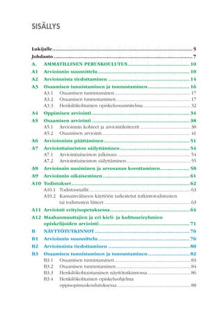 SISÄLLYS
Lukijalle ............................................................................................... 5
Johdanto .............................................................................................. 7
A.

AMMATILLINEN PERUSKOULUTUS .......................................... 10

A1

Arvioinnin suunnittelu .............................................................. 10

A2

Arvioinnista tiedottaminen ....................................................... 14

A3

Osaamisen tunnistaminen ja tunnustaminen ............................ 16
A3.1 Osaamisen tunnistaminen ........................................................... 17
A3.2 Osaamisen tunnustaminen .......................................................... 17
A3.3 Henkilökohtainen opiskelusuunnitelma ..................................... 32

A4

Oppimisen arviointi .................................................................. 34

A5

Osaamisen arviointi .................................................................. 38
A5.1 Arvioinnin kohteet ja arviointikriteerit ....................................... 38
A5.2 Osaamisen arviointi ..................................................................... 41

A6

Arvioinnista päättäminen .......................................................... 51

A7

Arviointiaineiston säilyttäminen ............................................... 54
A7.1 Arviointiaineiston julkisuus ......................................................... 54
A7.2 Arviointiaineiston säilyttäminen .................................................. 55

A8

Arvioinnin uusiminen ja arvosanan korottaminen .................... 58

A9

Arvioinnin oikaiseminen ........................................................... 61

A10 Todistukset ................................................................................ 62
A10.1 Todistusmallit ............................................................................... 63
A10.2 Kansainväliseen käyttöön tarkoitetut tutkintotodistusten
tai todistusten liitteet ................................................................... 63
A11 Arviointi erityisopetuksessa ...................................................... 64
A12 Maahanmuuttajien ja eri kieli- ja kulttuuriryhmien
opiskelijoiden arviointi ............................................................. 71
B

NÄYTTÖTUTKINNOT ................................................................ 76

B1

Arvioinnin suunnittelu .............................................................. 76

B2

Arvioinnista tiedottaminen ....................................................... 80

B3

Osaamisen tunnistaminen ja tunnustaminen ............................ 82
B3.1 Osaamisen tunnistaminen ........................................................... 83
B3.2 Osaamisen tunnustaminen .......................................................... 84
B3.3 Henkilökohtaistaminen näyttötutkinnossa ................................. 86
B3.4 Henkilökohtainen opiskeluohjelma
oppisopimuskoulutuksessa ......................................................... 88

 