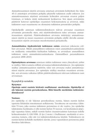 Ammattiosaamisen näytön arvosana annetaan arvioinnin kohteittain (ks. luku
A5.1) annettujen arviointien pohjalta jokaiselle tutkinnon osalle erikseen. Jos
ammattiosaamisen näytössä arvioinnin kohteiden arvosanat eroavat paljon
toisistaan, ei lasketa niistä mekaanisesti keskiarvoa. Sen sijaan arvioinnista
päättävät katsovat opiskelijan osaamisen kokonaisuutena ja arvioivat, mikä
tutkinnon osan osaamisesta on olennaista tutkinnon perusteiden pohjalta.
Opiskelijoille annetaan tutkintotodistukseen tulevat arvosanat osaamisen
arvioinnin perusteella siten, että näyttötodistukseen tulee arvosana ammattiosaamisen näytöistä. Päättötodistuksen arvosana määräytyy ammattiosaamisen näytön ja muun osaamisen arvioinnin pohjalta edellä olevalla ammattiosaamisen näytön arvosanan muodostumisen periaatteella.
Ammattitaitoa täydentävistä tutkinnon osista annetaan jokaisesta erilliset arvosanat. Mikäli ammatillisten tutkinnon osien ammattitaitovaatimuksiin
on sisällytetty esimerkiksi kielitaidon hallintaa, se arvioidaan ammatillisten
tutkinnon osien ammattitaitovaatimuksena (Ammatillisen perustutkinnon
perusteet 2008–2010).
Opinnäytteen arvosana annetaan niiden tutkinnon osien yhteydessä, joihin
se sisältyy. Siitä ei anneta erillistä arvosanaa tutkintotodistukseen. Jos opinnäyte
sisältyy ammattiosaamisen näyttöön, tulee sen arvosana osaksi ammattiosaamisen näytön arvosanaa. Jos opinnäyte sisältyy muuhun osaamisen arviointiin, sen arvosana vaikuttaa tällöin päättötodistukseen tulevaan tutkinnon osan
arvosanaan.  
Kysymyksiä ja vastauksia:
Kysymys:
Opettaja antoi ruotsin kielestä osallistunut -merkinnän. Opiskelija ei
ole lukenut ruotsia peruskoulussa. Mitä hänelle merkitään tutkintotodistukseen?
Vastaus:
Jos opiskelija ei ole lukenut peruskoulussa ruotsia, hänen ruotsin kielen
opetusta lähdetään toteuttamaan nollatasosta. Tavoitteena on saavuttaa vähintään T1-taso, joka uusissa tutkinnon perusteissa ei ole vaativa. Jos opiskelija
tukitoimista huolimatta ei yllä ruotsin kielen T1-tasoon, voi koulutuksen järjestäjä vapauttaa hänet, mikäli ruotsin kielen osaamisvaatimus katsotaan todella
kohtuuttomaksi (L 630/1998, 21 §:n 2 mom.). Osallistunut -merkintää ei arvosanoissa tunneta, eikä sitä voi tutkintotodistuksessa käyttää. Todistukseen on
ruotsin kielen kohdalle merkittävä alaviite, jossa vapautuksen perusteena pitää
ilmoittaa lakiviittaus.

52

 