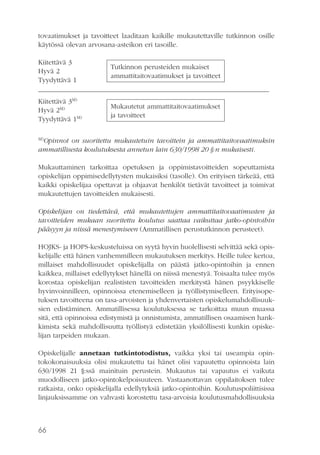 tovaatimukset ja tavoitteet laaditaan kaikille mukautettaville tutkinnon osille
käytössä olevan arvosana-asteikon eri tasoille.
Kiitettävä 3
Hyvä 2
Tyydyttävä 1

Tutkinnon perusteiden mukaiset
ammattitaitovaatimukset ja tavoitteet

Kiitettävä 3M)
Hyvä 2M)
Tyydyttävä 1M)

Mukautetut ammattitaitovaatimukset
ja tavoitteet

M)

Opinnot on suoritettu mukautetuin tavoittein ja ammattitaitovaatimuksin
ammatillisesta koulutuksesta annetun lain 630/1998 20 §:n mukaisesti.
Mukauttaminen tarkoittaa opetuksen ja oppimistavoitteiden sopeuttamista
opiskelijan oppimisedellytysten mukaisiksi (tasolle). On erityisen tärkeää, että
kaikki opiskelijaa opettavat ja ohjaavat henkilöt tietävät tavoitteet ja toimivat
mukautettujen tavoitteiden mukaisesti.
Opiskelijan on tiedettävä, että mukautettujen ammattitaitovaatimusten ja
tavoitteiden mukaan suoritettu koulutus saattaa vaikuttaa jatko-opintoihin
pääsyyn ja niissä menestymiseen (Ammatillisen perustutkinnon perusteet).
HOJKS- ja HOPS-keskusteluissa on syytä hyvin huolellisesti selvittää sekä opiskelijalle että hänen vanhemmilleen mukautuksen merkitys. Heille tulee kertoa,
millaiset mahdollisuudet opiskelijalla on päästä jatko-opintoihin ja ennen
kaikkea, millaiset edellytykset hänellä on niissä menestyä. Toisaalta tulee myös
korostaa opiskelijan realististen tavoitteiden merkitystä hänen psyykkiselle
hyvinvoinnilleen, opinnoissa etenemiselleen ja työllistymiselleen. Erityisopetuksen tavoitteena on tasa-arvoisten ja yhdenvertaisten opiskelumahdollisuuksien edistäminen. Ammatillisessa koulutuksessa se tarkoittaa muun muassa
sitä, että opinnoissa edistymistä ja onnistumista, ammatillisen osaamisen hankkimista sekä mahdollisuutta työllistyä edistetään yksilöllisesti kunkin opiskelijan tarpeiden mukaan.

Opiskelijalle annetaan tutkintotodistus, vaikka yksi tai useampia opintokokonaisuuksia olisi mukautettu tai hänet olisi vapautettu opinnoista lain
630/1998 21 §:ssä mainituin perustein. Mukautus tai vapautus ei vaikuta
muodolliseen jatko-opintokelpoisuuteen. Vastaanottavan oppilaitoksen tulee
ratkaista, onko opiskelijalla edellytyksiä jatko-opintoihin. Koulutuspoliittisissa
linjauksissamme on vahvasti korostettu tasa-arvoisia koulutusmahdollisuuksia

66

 