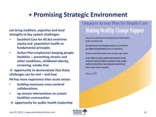 + Promising Strategic Environment
can bring tradition, expertise and local
strengths to key system challenges:
• Excellent Care for All Act enshrines
equity and population health as
fundamental principles
• Action Plan emphasizes keeping people
healthier -- preventing chronic and
other conditions, childhood obesity,
screening, smoke-free
→ opportunity to demonstrate that these
challenges can be met – and how
PH has more experience than acute sector:
• building necessary cross-sectoral
collaborations
• up-stream interventions to sustain
healthier communities
→ opportunity for public health leadership
10July 29, 2013 | www.wellesleyinstitute.com
 