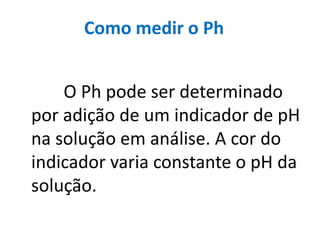 Como medir o Ph


    O Ph pode ser determinado
por adição de um indicador de pH
na solução em análise. A cor do
indicador varia constante o pH da
solução.
 