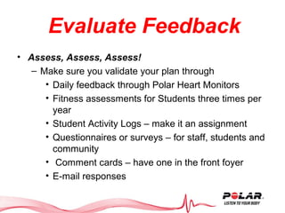 Evaluate Feedback
• Assess, Assess, Assess!
– Make sure you validate your plan through
• Daily feedback through Polar Hear...