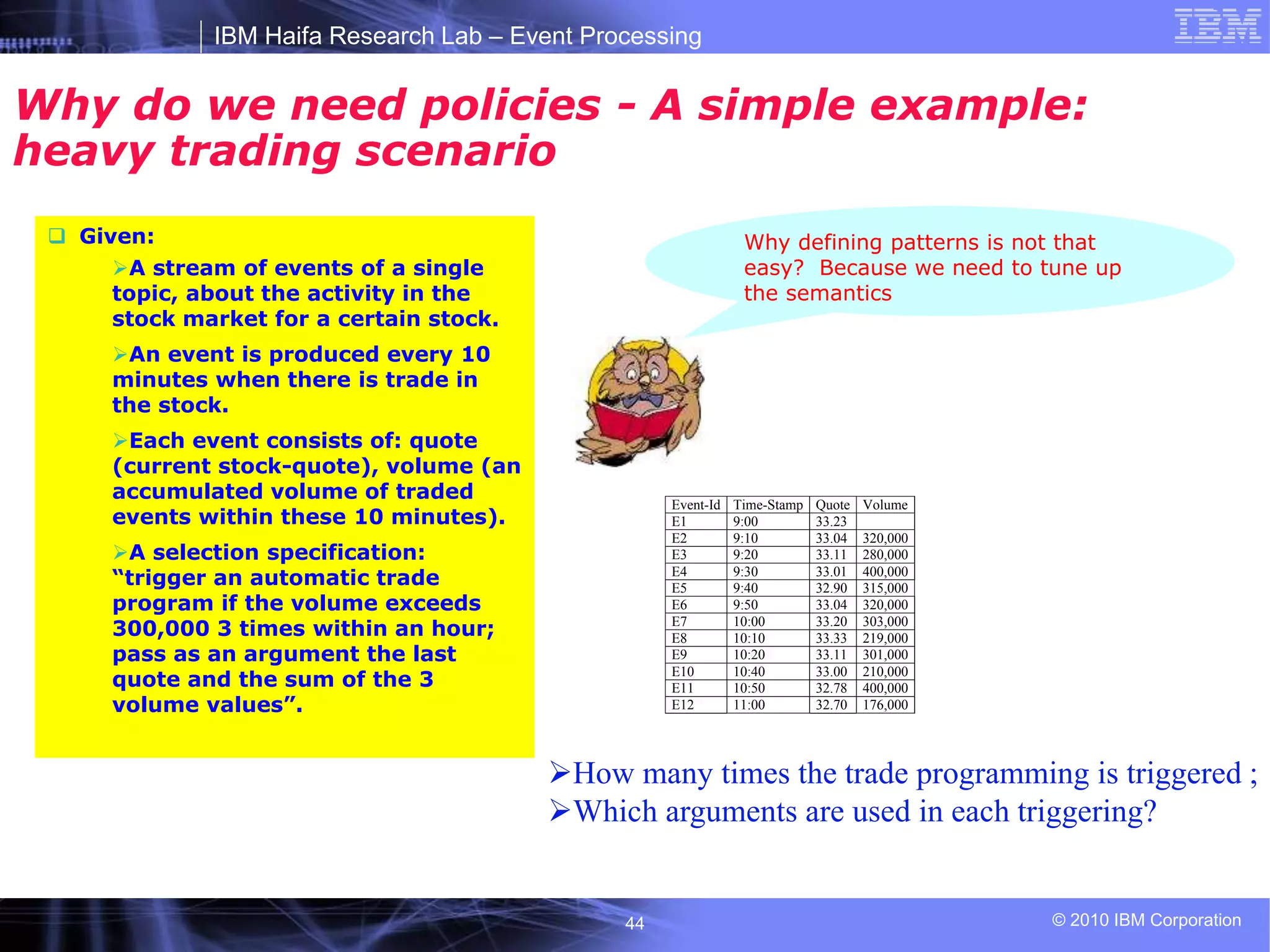IBM Haifa Research Lab – Event Processing
© 2010 IBM Corporation
44
Why do we need policies - A simple example:
heavy trading scenario
 Given:
A stream of events of a single
topic, about the activity in the
stock market for a certain stock.
An event is produced every 10
minutes when there is trade in
the stock.
Each event consists of: quote
(current stock-quote), volume (an
accumulated volume of traded
events within these 10 minutes).
A selection specification:
“trigger an automatic trade
program if the volume exceeds
300,000 3 times within an hour;
pass as an argument the last
quote and the sum of the 3
volume values”.
Event-Id Time-Stamp Quote Volume
E1 9:00 33.23
E2 9:10 33.04 320,000
E3 9:20 33.11 280,000
E4 9:30 33.01 400,000
E5 9:40 32.90 315,000
E6 9:50 33.04 320,000
E7 10:00 33.20 303,000
E8 10:10 33.33 219,000
E9 10:20 33.11 301,000
E10 10:40 33.00 210,000
E11 10:50 32.78 400,000
E12 11:00 32.70 176,000
How many times the trade programming is triggered ;
Which arguments are used in each triggering?
Why defining patterns is not that
easy? Because we need to tune up
the semantics
 