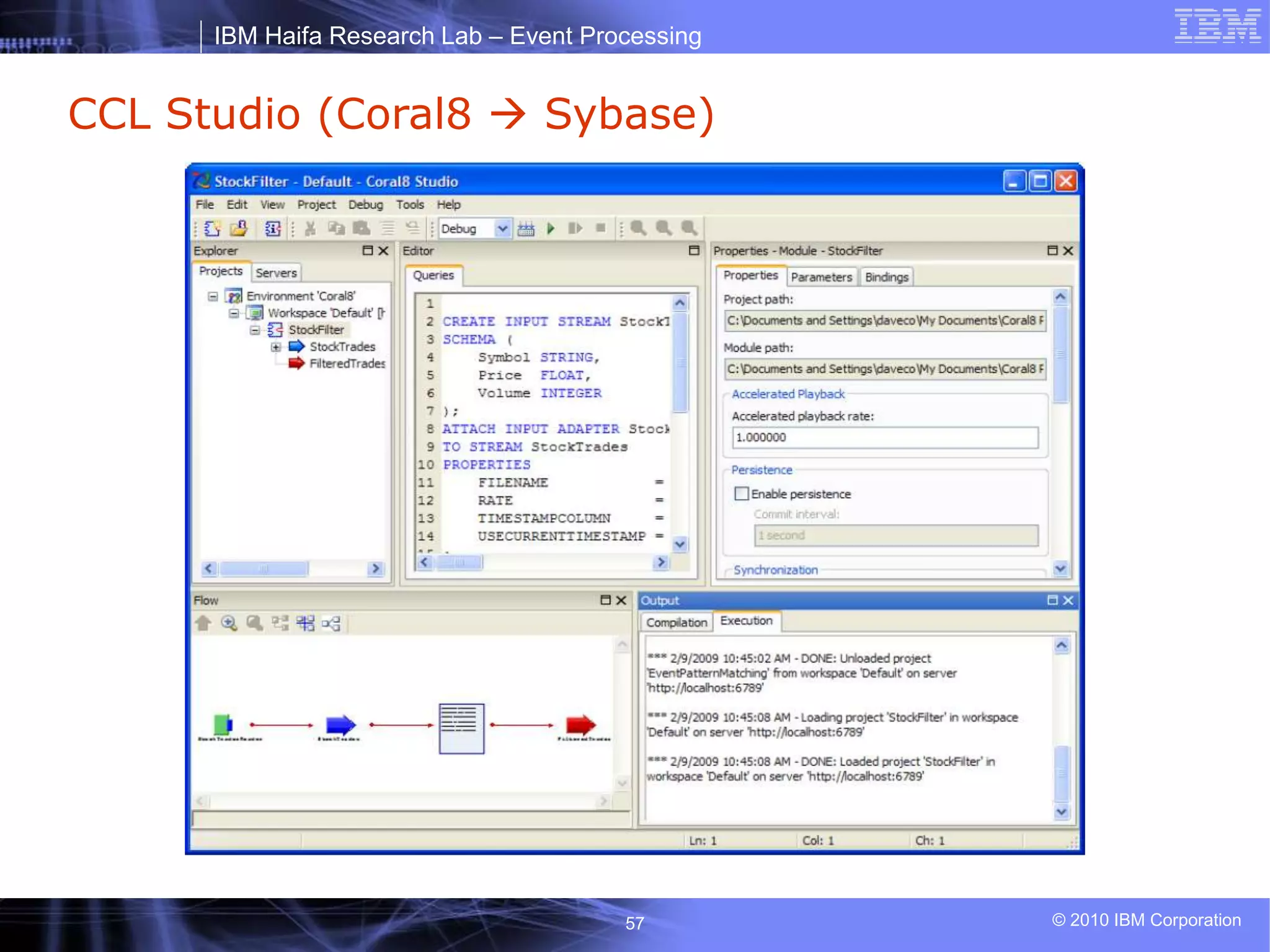 IBM Haifa Research Lab – Event Processing
© 2010 IBM Corporation
57
CCL Studio (Coral8  Sybase)
 