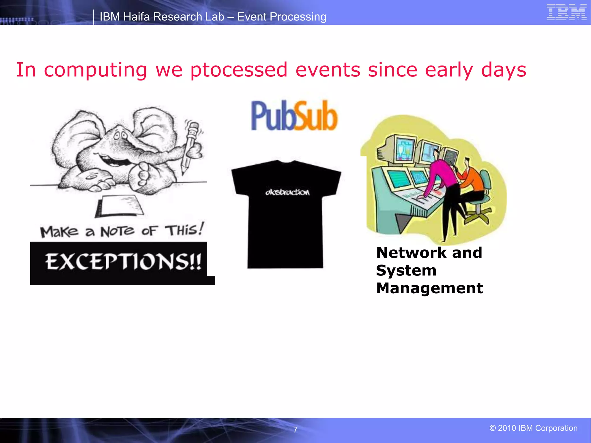 IBM Haifa Research Lab – Event Processing
© 2010 IBM Corporation
7
In computing we ptocessed events since early days
Network and
System
Management
 