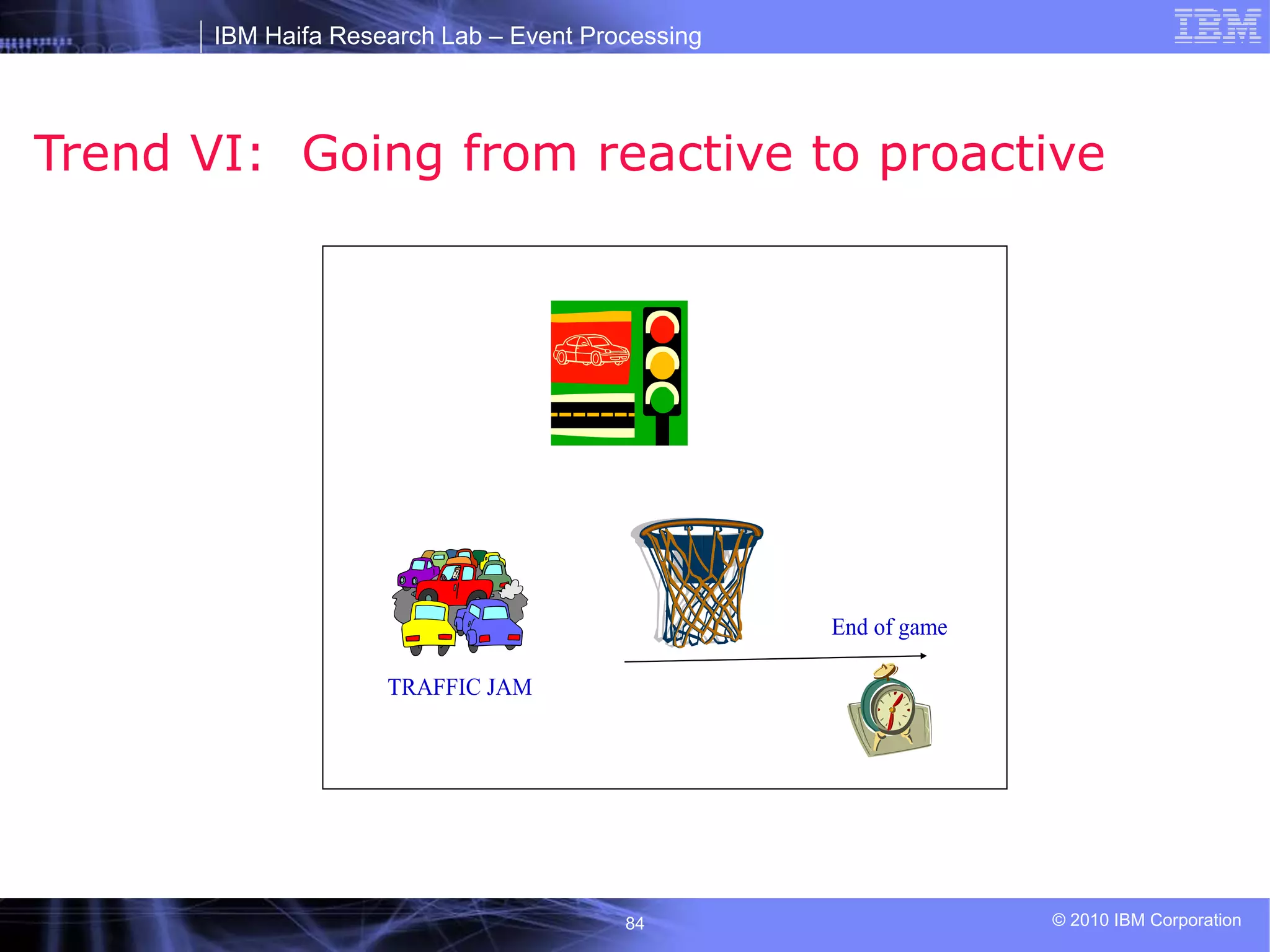 IBM Haifa Research Lab – Event Processing
© 2010 IBM Corporation
84
Trend VI: Going from reactive to proactive
TRAFFIC JAM
End of game
 