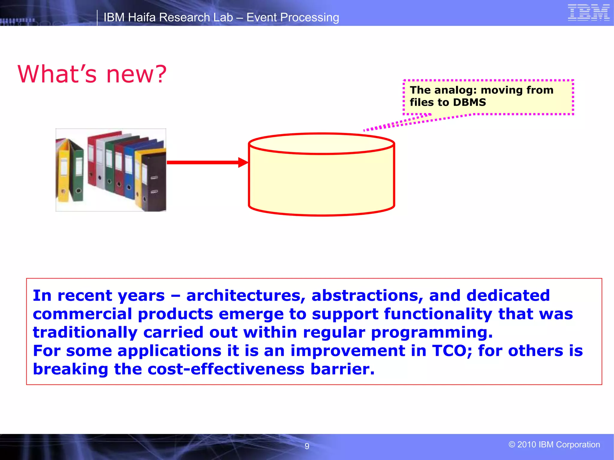 IBM Haifa Research Lab – Event Processing
© 2010 IBM Corporation
9
What’s new? The analog: moving from
files to DBMS
In recent years – architectures, abstractions, and dedicated
commercial products emerge to support functionality that was
traditionally carried out within regular programming.
For some applications it is an improvement in TCO; for others is
breaking the cost-effectiveness barrier.
 