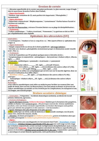 Clinque
 Abrasion superficielle de la cornée
chez le nourrisson, branche d’arbre chez
 Signes fonctionnels
 Douleur, type sensation de CE, mais parfois très importante.
Larmoiement
 Signes physiques
 Hyperémie conjonctivale  Blépharospasme,
l’érosion est centrale…
 Diagnostic :
# Le test à la fluorescéine : retrouve l’érosion linéaire ou en
 Traitement :
 Collyre antibiotique ;  Collyre cicatrisant,
par réépithélisation sans séquelle
Ophtalmie des ultraviolets (UV)
Clinique
et
prise
en
charge
Généralités :
 C’est fréquent ;  Soudure à l’arc (« coup d’arc
neiges »)
 Signes fontionnels
 Simple conjonctivite au niveau de la fente palpébrale :
 Kératite avec douleurs, photophobie, larmoiement propre
(voit « flou ») ;
 Traitement :
 Arrêt de l’exposition aux UV pendant quelques jours si kératite
 Symptomatique si conjonctivite : antiseptiques
2gtte ………6Х/J .
 Si kératite : antibiotiques + pommade « cicatrisante
Ordonnance :
1- ATB : rifamycine collyre____________1fl
2-cicatrisant : vit A collyre______1fl ; 1gtte…….x4/j (à distance
3-Antalgique peros CP ou gél, 500mg
*normalement on utilise un cycloplégique qui est tr
discutera l’utilisation d’un AINS collyre :
diclofénac collyre_______1fl , 1gtte …..x
ainsi que :
Antiseptique : vitabact collyre___1fl
d’1/4h).
Remarque :
si les collyres anesthésiques sont util
paille de métal, faire un test à la fluor
collyre anesthésique au malade car ils n’évitent pas les complications, le
à la longue, une toxicité propre
Brulure occulaire chimique
clinique
 Généralités : Fréquentes.  Accidents domestiques (enfants)
(chimie, bâtiment), agression…
 Facteurs étiologiques :
 Agents physiques (rares) : brûlures thermiques
solides en fusion. Sont rarement grave
localisée, voire une lésion stromale superficielle. Les brulurs thermiques sont parfois
grave par atteinte des paupières et des annexes «
 Agents chimiques (les plus fréquents et les pl
acides (sulfurique ou vitriol, acide de batte
chaux vive, ciment des maçons, alcali).
 Attention : les bases provoquent des brûlures pénétrantes
les acides provoquent des brûlures peu
 Signes :
 Le patient arrive avec son diagnostic
de brûlures :  Brûlure bénigne superficielle (99% des cas)
par irritation conjonctivale, cornée normale ou légèrement
transparente Remarque : les gaz lacrymogènes entraînent des brûlures superficielles
graves et réversibles.  Brûlure grave profonde (0,5 % des cas) :
», nécrotique et cornée blanche opalescente, voire perforation
Erosion de cornée
Abrasion superficielle de la cornée sans plaie perforante. Le plus souvent, coupe d’ongle
son, branche d’arbre chez l’enfant,
, mais parfois très importante. Photophobie ;
Blépharospasme,  Larmoiement  Parfois baisse d’acuité si
trouve l’érosion linéaire ou en plage de désépithélisation
Collyre cicatrisant,  Pansement ; La guérison se fait en 48 H
Ophtalmie des ultraviolets (UV)
Soudure à l’arc (« coup d’arc ») ;  Mer/sports d’hiver (« ophtalmie des
conjonctivite au niveau de la fente palpébrale : œil rouge indolore ;
tite avec douleurs, photophobie, larmoiement propre et diminution acuité visuelle
dant quelques jours si kératite sévère ;
Symptomatique si conjonctivite : antiseptiques « dacryosérum/ vitabact collyre ,1fl
antibiotiques + pommade « cicatrisante » + pansement
famycine collyre____________1fl ; 1gtte……..x4/j pdt 10 jours.
1gtte…….x4/j (à distance des autres collyre d’1/4h).
, 500mg___________1bte ; 2gél…….x3/j.
*normalement on utilise un cycloplégique qui est très rare sur le marché algérien. donc on
discutera l’utilisation d’un AINS collyre :
1gtte …..x-4/j(à distance des autres collyre d’1/4h) ;
: vitabact collyre___1fl ; 1gtte…….x4/j (à distance des autres collyre
si les collyres anesthésiques sont utiles au médecin pour faciliter un examen (ôter une
paille de métal, faire un test à la fluorescéine), il ne faut jamais ni donner ni prescrire de
car ils n’évitent pas les complications, les masquent et ont,
Brulure occulaire chimique
Accidents domestiques (enfants), accidents du travail
(chimie, bâtiment), agression…
brûlures thermiques limitées par la fermeture des paupières,
rarement grave , elle provoque souvent des lésions épithéliales
localisée, voire une lésion stromale superficielle. Les brulurs thermiques sont parfois
grave par atteinte des paupières et des annexes « voie lacrymales »
Agents chimiques (les plus fréquents et les plus graves) :
(sulfurique ou vitriol, acide de batterie) et bases (soude caustique, eau de javel,
chaux vive, ciment des maçons, alcali).
des brûlures pénétrantes, graves et évolutives alors que
des brûlures peu pénétrantes et peu évolutives.
Le patient arrive avec son diagnostic et s’est souvent rincé l’oeil .  En pratique : 2 types
Brûlure bénigne superficielle (99% des cas) avec oeil rouge ou très rouge
e, cornée normale ou légèrement désépithélialisée mais restant
les gaz lacrymogènes entraînent des brûlures superficielles
Brûlure grave profonde (0,5 % des cas) : conjonctivite « porcelaine
opalescente, voire perforation d’emblée
souvent, coupe d’ongle
Parfois baisse d’acuité si
plage de désépithélisation ;
La guérison se fait en 48 H
Mer/sports d’hiver (« ophtalmie des
iminution acuité visuelle
1flacon,
des autres collyre d’1/4h).
donc on
examen (ôter une
mais ni donner ni prescrire de
s masquent et ont,
, accidents du travail
fermeture des paupières,
, elle provoque souvent des lésions épithéliales
localisée, voire une lésion stromale superficielle. Les brulurs thermiques sont parfois
eau de javel,
et évolutives alors que
En pratique : 2 types
rouge
sée mais restant
les gaz lacrymogènes entraînent des brûlures superficielles peu
conjonctivite « porcelaine
 