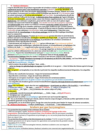 Traitement A) brulures chimiques :
# Après identification du produit responsable de la brûlure oculaire, le pH des larmes est
rapidement mesuré grâce à des bandelettes spéciales (Labstix®). Le lavage abondant de la
surface oculaire et des voies lacrymales doit précéder l’examen clinique. Débuté sur le lieu
de l’accident, il est poursuivi en milieu médical pendant une durée de 15 à 30 minutes avec
un soluté isotonique tel le sérum physiologique, ou l’eau tiède . La normalisation du pH des
larmes confirme l’efficacité du lavage . L’administration d’une antidote de l’agent chimique
n’est pas recommandée, pouvant même causer des lésions supplémentaires. En revanche, la
diphotérine, une substance amphotère, pourrait être utile au cours de la phase aiguë .
Certains ont aussi noté l’intérêt de l’EDTA . Une double éversion de la paupière supérieure
est indispensable pour mettre en évidence certaines particules solides incarcérées. Si la
ponction et le lavage de la chambre antérieure sont jugés inefficaces par certains auteurs ,
d’autres au contraire les recommandent . L’intérêt d’injecter dans la chambre antérieure des
corticoïdes et une substance viscoélastique reste aussi à démontrer. L’injection sous-
conjonctivale de viscoélastique ou de sérum autologue aurait un rôle trophique bénéfique
pour la conjonctive.
- Après ces gestes d’urgence, l’examen au biomicroscope permet d’évaluer la sévérité de la
brûlure suivant la classification de Hughes modifiée par Roper-Hall , en appréciant l’étendue
d’une ischémie conjonctivale et/ou limbique, la profondeur de la brûlure cornéenne et
l’existence d’une opacification stromale.
- Contrairement aux brûlures de stade 1 et 2 qui ne relèvent que d’un traitement médical
topique comportant antibiotique, substituts des larmes, et éventuellement cycloplégique, les
brûlures de stade 3 et 4 requièrent le plus souvent en plus une détersion de l’épithélium
conjonctival nécrotique au bloc opératoire. Ce parage supprime un facteur chimiotactique
pour les cellules inflammatoires et a ainsi une action favorable sur la réépithélialisation
cornéenne. Il peut être immédiatement suivi par le rapprochement au limbe d’un ou
plusieurs lambeaux ténoniens de 2 à 3 mm d’épaisseur dans le but de rétablir une
vascularisation limbique dans les stades 4 associés à une nécrose conjonctivale étendue .
en urgence : * lavage abondant et prolongé (15-30 minutes) au SSi 0,9% 500/1000cc , ou l’eau tiède. après
instillation d’un collyre anesthésique ;
* inj IV de dexaméthasone : 20mg/j.
* noté la nature du produit caustique : base , acide…
prise en charge en ophtalmologie en urgence si possible et si cas grave :  Faire le bilan des lésions après le lavage
soigneux :
 Si c’est grave : on hospitalise et on cherche à prévenir les séquelles malheureusement fréquentes. Ces séquelles
sont :
 Sténose des canalicules lacrymaux : risque de larmoiement définitif.
 Opacification cornéenne : risque de malvision définitive.
 Entropion ou ectropion cicatriciel : risque d’ulcération de cornéensecondaire.
 Symblépharon (adhérence du globe oculaire aux paupières par des brides cicatricielles).
 Ces séquelles des brulûres graves seront éventuellement réparées chirurgicalement secondairement (après 3 à 6
mois minimum).
-sinon  Si c’est bénin : repart chez lui avec antibiotiques + cicatrisants en collyre » Vit A ou B12 » + surveillance :
1-rifamycine collyre______1fl, 1gtte……..x4/j pdt 7-10 jours ; 3 - collyre à l’atropine 1 %.
2-vit A collyre____1fl ; 1gtte…….x4/j (à distance des autres collyre d’1/4h) ;
* à discuter :
3- corticoide : maxidrol pommade ophtalmique______1tube , 1app……x3/j pdt 05 jours ;
4- Antalgique par voie générale.
*normalement on utilise un cycloplégique qui est très rare sur le marché algérien.
R !  En cas de brûlure basique par ciment, enlever tous les corps étrangers, si besoin au bloc opératoire et sous
anesthésie générale si trop douloureux.
 quelquefois, en cas de brûlure grave, lavage des voies lacrymales pour limiter le risque de sténose secondaire.
B/- Brûlures thermiques :  Collyre antibiotique.  Cicatrisant.  Anti-inflammatoire.
brulure par gaz lacrymogènes
clini
que
# La projection du produit se fait à distance de la victime:
- Effet lacrymogène rapide, douleurs oculaires. Irritation de la gorge et des voies
respiratoires. Déclenchement éventuel d’une crise d’asthme chez les personnes sensibles
(asthmatiques) surtout si l’exposition est prolongée, p. ex. en cas de projection du produit
dans un espace clos.
# La projection du produit se fait directement sur la victime: C’est le cas pour les petits
enfants qui jouent avec le spray ou pour les agressions avec projection du produit à moins
d’un mètre de la victime.
- Effets sur les yeux: effet lacrymogène intense, douleurs oculaires avec un risque de
brûlure de la cornée.
- Effet sur la peau: irritation intense, douleurs cutanées avec souvent une augmentation de
 