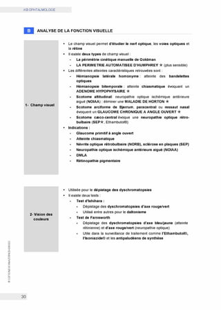 0
(.'.)
w
0:
(.'.)
w
0:
0
z
0:
w
z
0
w
@
iKB OPHTALMOLOGIE
ANALYSE DE LA FONCTION VISUELLE
1- Champ visuel
30
2- Vision des
couleurs
• Le champ visuel permet d'étudier le nerf optique, les voies optiques et
la rétine
• Il existe deux types de champ visuel :
La périmétrie cinétique manuelle de Goldman
LA PERIMETRIE AUTOMATISEE D'HUMPHREY *(plus sensible)
• Les différentes atteintes caractéristiques retrouvées sont :
Hémianopsie latérale homonyme : atteinte des bandelettes
optiques
Hémianopsie bitemporale : atteinte chiasmatique évoquant un
ADENOME HYPOPHYSAIRE *
Scotome altitudinal: neuropathie optique ischémique antérieure
aiguë (NOIAA) : éliminer une MALADIE DE HORTON *
Scotome arciforme de Bjerrum, paracentral ou ressaut nasal
évoquent un GLAUCOME CHRONIQUE A ANGLE OUVERT *
Scotome cœco-central évoque une neuropathie optique rétro­
bulbaire (SEP*, Ethambutol®)
• Indications :
Glaucome primitif à angle ouvert
Atteinte chiasmatique
Névrite optique rétrobulbaire (NORB), sclérose en plaques (SEP)
Neuropathie optique ischémique antérieure aiguë (NOIAA)
DMLA
Rétinopathie pigmentaire
• Utilisée pour le dépistage des dyschromatopsies
• Il existe deux tests :
Test d'lshihara :
x Dépistage des dyschromatopsies d'axe rouge/vert
x Utilisé entre autres pour le daltonisme
Test de Farnsworth
X
X
Dépistage des dyschromatopsies d'axe bleu/jaune (atteinte
rétinienne) et d'axe rouge/vert (neuropathie optique)
Utile dans la surveillance de traitement comme l'Ethambutol®,
!'Isoniazide® et les antipaludéens de synthèse
 