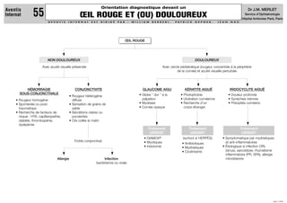 A V E N T I S I N T E R N A T E S T D I R I G É P A R : W I L L I A M B E R R E B I , P A T R I C K G E P N E R , J E A N N A U
JUIN 1999
Dr J.M. MERLET
Service d’Ophtalmologie
Hôpital Ambroise Paré, Paris
DOULOUREUX
Orientation diagnostique devant un
ŒIL ROUGE ET (OU) DOULOUREUX
Aventis
Internat 55
Avec acuité visuelle préservée
Frottis conjonctival
Avec cercle périkératique (rougeur concentrée à la périphérie
de la cornée) et acuité visuelle perturbée
Infection
bactérienne ou virale
• DIAMOX®
• Myotiques
• Iridotomie
Traitement
URGENT
(surtout si HERPÈS)
• Antibiotiques
• Mydriatiques
• Cicatrisants
Traitement
URGENT
• Symptomatique par mydriatiques
et anti-inflammatoires
• Étiologique si infection ORL
(sinus), sarcoïdose, rhumatisme
inflammatoire (PR, SPA), allergie
microbienne
Allergie
HÉMORRAGIE
SOUS-CONJONCTIVALE
• Rougeur homogène
• Spontanée ou post-
traumatique
• Recherche de facteurs de
risque : HTA, capillaropathie,
diabète, thrombopénie,
dyslipémie
CONJONCTIVITE
• Rougeur hétérogène
diffuse
• Sensation de grains de
sable
• Sécrétions claires ou
purulentes
• Cils collés le matin
GLAUCOME AIGU
• Globe “ dur ” à la
palpation
• Mydriase
• Cornée opaque
KÉRATITE AIGUË
• Photophobie
• Ulcération cornéenne
• Recherche d’un
corps étranger
IRIDOCYCLITE AIGUË
• Douleur profonde
• Synéchies iriennes
• Précipités cornéens
ŒIL ROUGE
Traitement
URGENT
Traitement
URGENT
Traitement
URGENT
NON DOULOUREUX
 