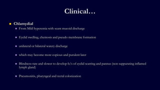 Clinical…
 Chlamydial
 From Mild hyperemia with scant mucoid discharge
 Eyelid swelling, chemosis and pseudo membrane formation
 unilateral or bilateral watery discharge
 which may become more copious and purulent later
 Blindness-rare and slower to develop-b/s of eyelid scarring and pannus (non suppurating inflamed
lymph gland)
 Pneumonitis, pharyngeal and rectal colonization
 