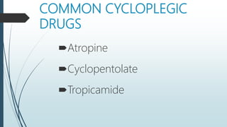 COMMON CYCLOPLEGIC
DRUGS
Atropine
Cyclopentolate
Tropicamide
 