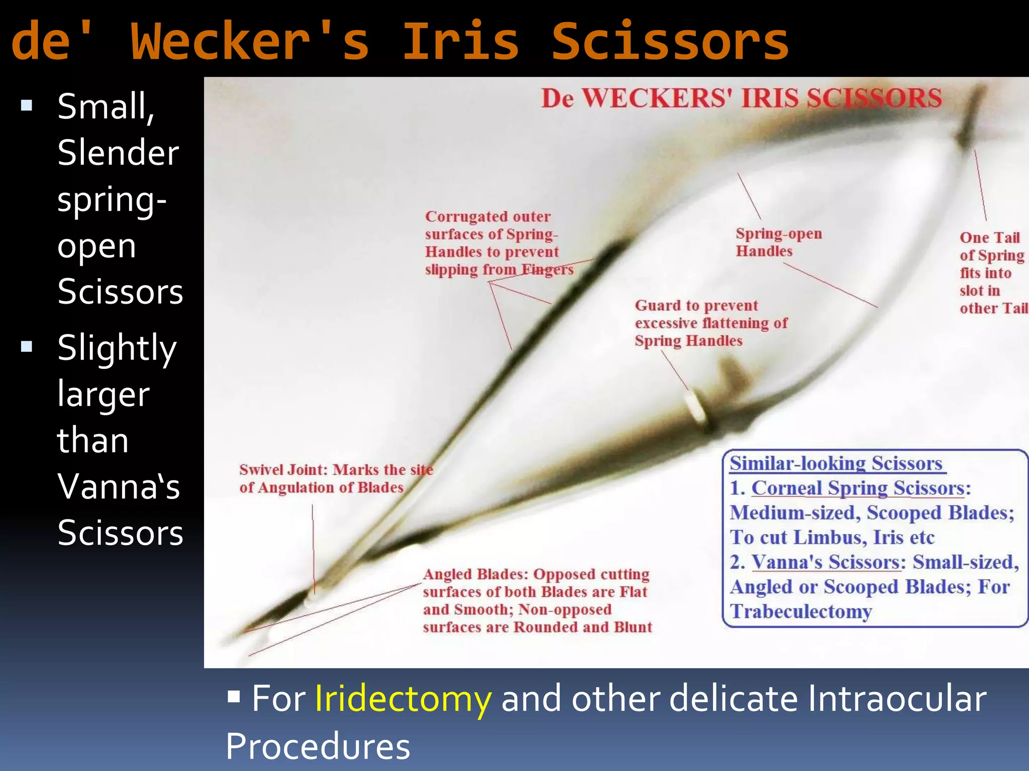 de' Wecker's Iris Scissors
 Small,
Slender
spring-
open
Scissors
 Slightly
larger
than
Vanna‘s
Scissors
 For Iridectomy and other delicate Intraocular
Procedures
 