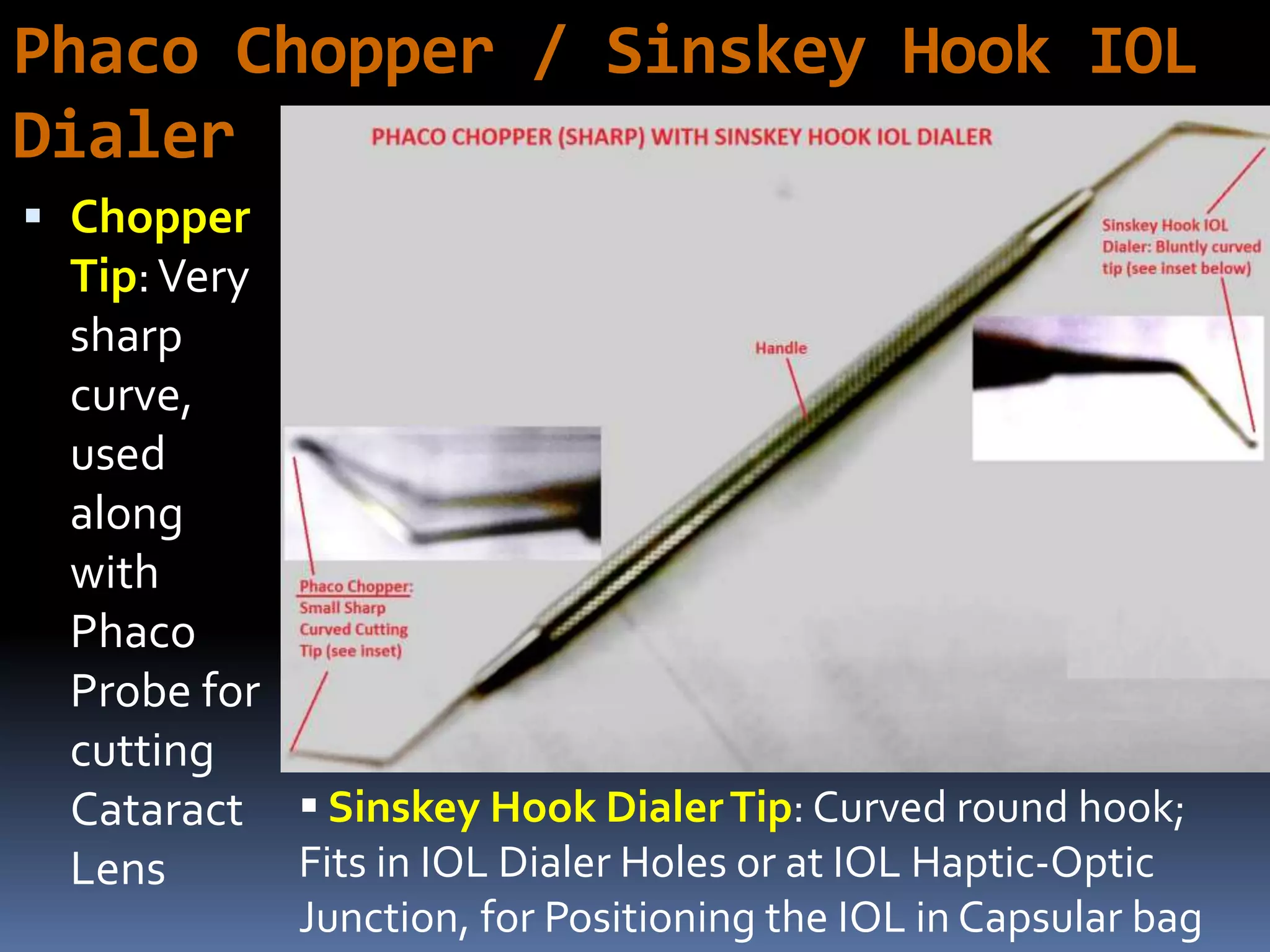Phaco Chopper / Sinskey Hook IOL
Dialer
 Chopper
Tip:Very
sharp
curve,
used
along
with
Phaco
Probe for
cutting
Cataract
Lens
 Sinskey Hook DialerTip: Curved round hook;
Fits in IOL Dialer Holes or at IOL Haptic-Optic
Junction, for Positioning the IOL in Capsular bag
 