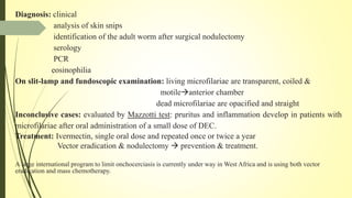 Diagnosis: clinical
analysis of skin snips
identification of the adult worm after surgical nodulectomy
serology
PCR
eosinophilia
On slit-lamp and fundoscopic examination: living microfilariae are transparent, coiled &
motileanterior chamber
dead microfilariae are opacified and straight
Inconclusive cases: evaluated by Mazzotti test: pruritus and inflammation develop in patients with
microfilariae after oral administration of a small dose of DEC.
Treatment: Ivermectin, single oral dose and repeated once or twice a year
Vector eradication & nodulectomy  prevention & treatment.
A large international program to limit onchocerciasis is currently under way in West Africa and is using both vector
eradication and mass chemotherapy.
 