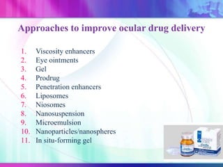 1. Viscosity enhancers
2. Eye ointments
3. Gel
4. Prodrug
5. Penetration enhancers
6. Liposomes
7. Niosomes
8. Nanosuspension
9. Microemulsion
10. Nanoparticles/nanospheres
11. In situ-forming gel
Approaches to improve ocular drug delivery
 