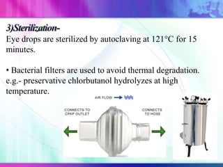 Eye drops are sterilized by autoclaving at 121°C for 15
minutes.
• Bacterial filters are used to avoid thermal degradation.
e.g.- preservative chlorbutanol hydrolyzes at high
temperature.
 
