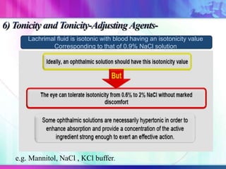 Lachrimal fluid is isotonic with blood having an isotonicity value
Corresponding to that of 0.9% NaCl solution
e.g. Mannitol, NaCl , KCl buffer.
 