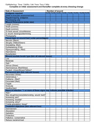 Ophthalmology Tissue Viability Link Nurse Tracy Culkin
Complete on initial assessment and thereafter complete at every dressing change
Date of Assessment Number of wound
Analgesia required
(Refer to local pain assessment tool)
Yes/No Yes/No Yes/No Yes/No Yes/No Yes/No Yes/No Yes/No
Regular/ongoing analgesia
Pre-dressing only
Wound Dimensions (enter size)
Length (cm/mm)
Width (cm/mm)
Depth (cm/mm)
Or trace wound circumference
Is wound tracking/undermining
Photography
Tissue type on wound bed ( enter percentages)
Necrotic (Black)
Sloughy (Yellow/Green)
Granulating (Red)
Epithelialising (Pink)
Hypergranulating (Red)
Haematoma
Bone/tendon
Wound exudate levels/ type (tick all relevant boxes)
Low
Moderate
High *
Serous (Straw)
Haemoserous (Red/Straw)
Purulent (Green/Brown/Yellow)*
Peri-wound skin (tick relevant boxes)
Macerated (White)
Oedematous *
Erythema (Red)*
Excoriated (Red)
Fragile
Dry/scaly
Healthy/intact
Signs of Infection * 1 or more of these signs may indicate possible infection
Heat *
New slough/necrosis(deteriorating wound bed)*
Increasing pain*
Increasing exudate*
Increasing odour*
Friable granulation tissue*
Treatment objectives (tick relevant box)
Debridement
Absorption
Hydration
Protection
Palliative / conservative
Reduce bacterial load
 