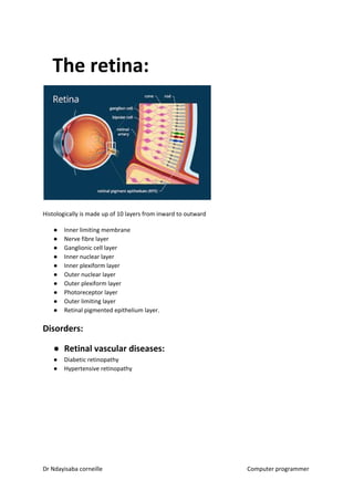 The retina:
Histologically is made up of 10 layers from inward to outward
● Inner limiting membrane
● Nerve fibre layer
● Ganglionic cell layer
● Inner nuclear layer
● Inner plexiform layer
● Outer nuclear layer
● Outer plexiform layer
● Photoreceptor layer
● Outer limiting layer
● Retinal pigmented epithelium layer.
Disorders:
● Retinal vascular diseases:
● Diabetic retinopathy
● Hypertensive retinopathy
Dr Ndayisaba corneille Computer programmer
 