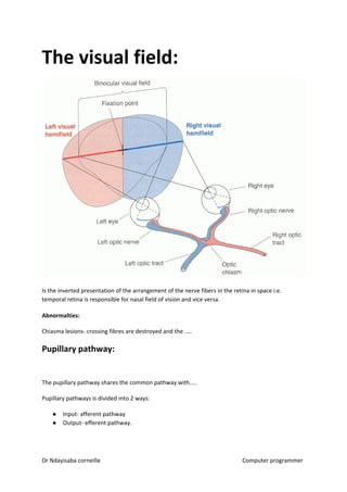 The visual field:
Is the inverted presentation of the arrangement of the nerve fibers in the retina in space i.e.
temporal retina is responsible for nasal field of vision and vice versa.
Abnormalties:
Chiasma lesions- crossing fibres are destroyed and the ….
Pupillary pathway:
The pupillary pathway shares the common pathway with….
Pupillary pathways is divided into 2 ways:
● Input- afferent pathway
● Output- efferent pathway.
Dr Ndayisaba corneille Computer programmer
 