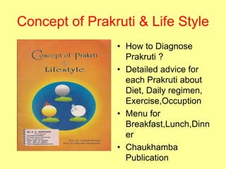 Concept of Prakruti & Life Style
• How to Diagnose
Prakruti ?
• Detailed advice for
each Prakruti about
Diet, Daily regimen,
Exercise,Occuption
• Menu for
Breakfast,Lunch,Dinn
er
• Chaukhamba
Publication
 