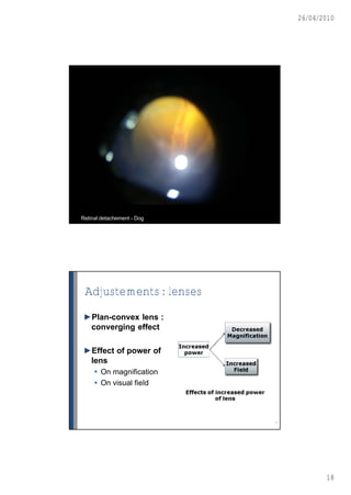 26/04/2010




Retinal detachement - Dog




 Adjustements : lenses
 ►Plan-convex lens :
  converging effect

 ►Effect of power of
  lens
      On magnification
      On visual field




                            36




                                        18
 