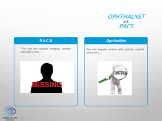 P.A.C.S OphthalNet
You can not request imaging, control
operators and…
OPHTHALNET
V.S.
PACS
You can request exams with priority, control
users and ....
 